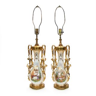 Pair, 19th C. Old Paris Porcelain Floral Lamps