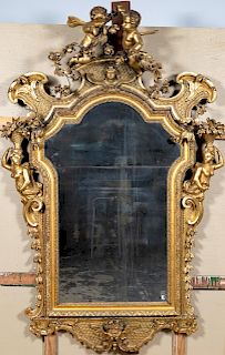 Palatial Louis XV Gilt Wood Putti Crest Mirror