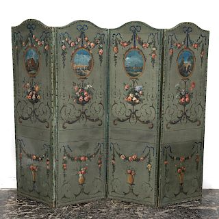 Painted Rococo Style Four Panel Floor Screen