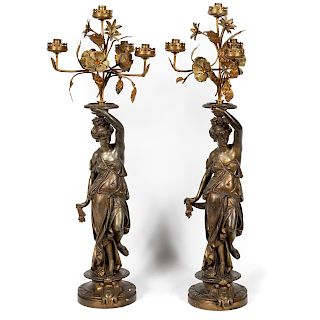 Pair, Figural & Floral Spelter & Brass Candelabrum