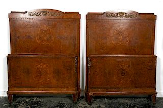 Pair, Louis XVI Style Burled Wood Twin Beds