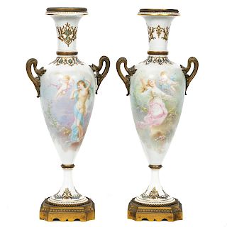 Pair, Sevres Style Bronze Mounted Porcelain Urns