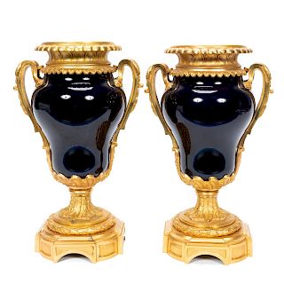 Pair, Louis XVI Style Gilt Bronze Mounted Urns