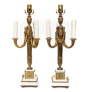Pair, Louis XVI Style Bronze & Marble Lamps