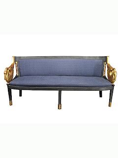 French Empire Style Blue Settee w/ Gilt Swan Arms