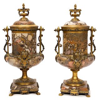 Pair, Napoleon III Gilt Bronze Mounted Marble Urns