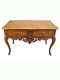 French Marble Top Walnut Console Table