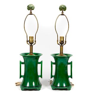 Pair, Green Arts & Crafts Style Pottery Lamps