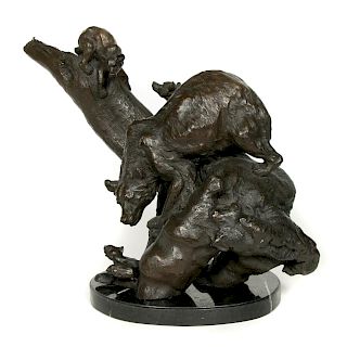 Bronze Sculpture Of Mother Grizzly & Cubs