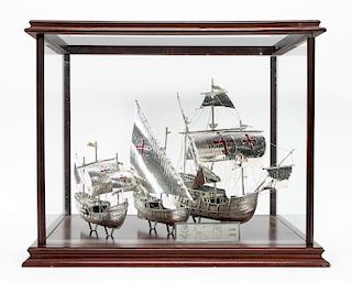 Cased Italian Sterling Silver Columbus Ship Models