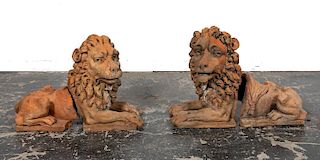 Pair, 19th C. Terracotta Garden Lion Sculptures