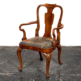 20th C. English Queen Anne Style Walnut Armchair