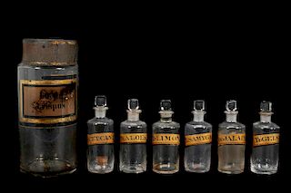 Seven, Early Glass Apothecary Jars W/ Labels