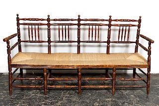19th C. English Turned Bench With Rush Seat