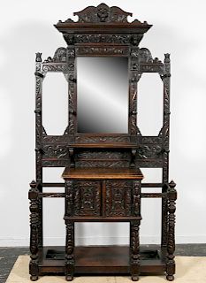 19th C. Carved Oak Antiquarian Mirrored Hall Stand