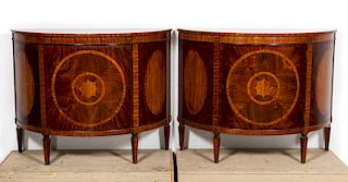 Pair Baker Mahogany Inlaid Demilune Cabinets