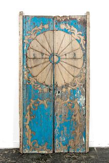 Pr., Spanish Colonial Distressed Blue Wooden Doors