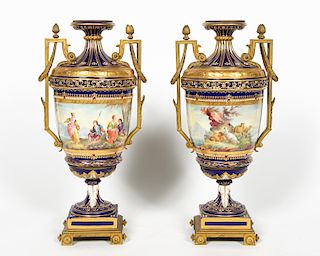 Pr., Royal Vienna Style Pastoral Mounted Urns