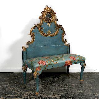 18th Century Venetian Blue and Gilt Painted Bench