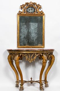 18th C. Italian Baroque Giltwood Console & Mirror