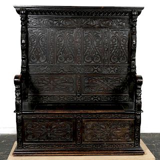 19th Century, Carved Oak Antiquarian Hall Settle