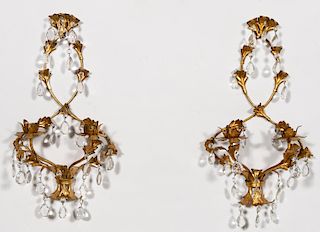 Pair, Italian Tole and Crystal Wall Sconces