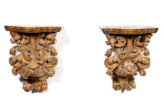 Pair, 19th C. Baroque Style Carved Wall Brackets