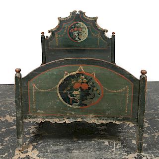 19th C. Continental Floral Painted Polychrome Bed