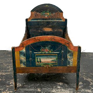 19th C. Continental Polychrome Floral/Scenic Bed