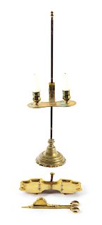 LOT OF 3: BRASS AND WROUGHT IRON ADJUSTABLE TABLE CANDLESTAND AND EARLY BRASS SUFFER AND TRAY.