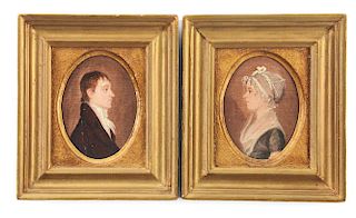 PAIR OF PORTRAITS OF UNUSUALLY SMALL SIZE ATTRIBUTED TO JACOB EICHOLTZ (1776 - 1842). LANCASTER, PENNSYLVANIA. OIL ON POPLAR PANEL. CIRCA 1808.