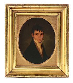 PORTRAIT OF A YOUNG MAN ATTRIBUTED TO JACOB EICHOLTZ (1776 - 1842). LANCASTER, PENNSYLVANIA. OIL ON POLAR PANEL. CIRCA 1810.