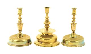 LOT OF 3 VERY FINE EARLY PAIR OF BRASS CANDLESTICKS AND EARLY NUREMBERG BRASS CANDLESTICK.