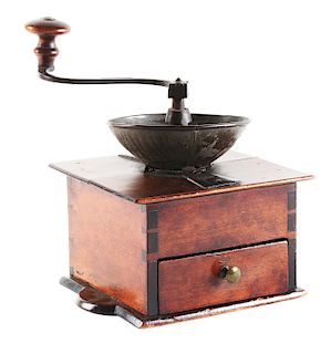 COFFEE GRINDER STAMPED "A. KLEIN". YORK COUNTY, PENNSYLVANIA. CHERRY, IRON AND PINE. CIRCA 1820.