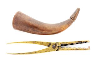 1782 DATED POWDER HORN WITH BRASS GANG MOLD 