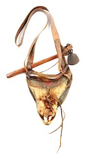 HUNTING POUCH WITH HEART PIERCING, POWDER HORN AND BELT AX. 