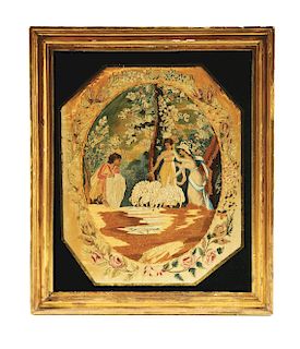 FINE EXAMPLE OF A PASTORAL NEEDLEWORK AND PAINTED SILK SCENE CIRCA 1800.