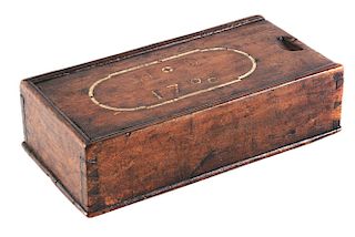 SLIDE LID BOX. PROBABLY LANCASTER COUNTY, PENNSYLVANIA. WALNUT AND SULFUR INLAY. CIRCA 1796.