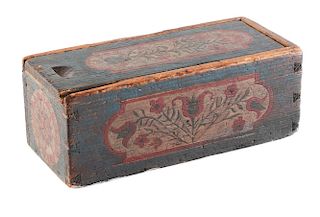 PAINT DECORATED SLIDE LID BOX. PENNSYLVANIA. PINE. CIRCA 1800.