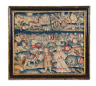 EXTREMELY RARE LARGE SIZE QUEEN ANNE WOOLWORK PICTURE PROBABLY ENGLISH CIRCA 1700.