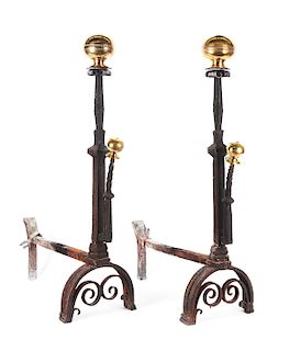 VERY FINE AND RARE PAIR OF WILLIAM AND MARY WROUGHT IRON AND BRASS ANDIRONS. ENGLISH OR NORTH EUROPEAN. CIRCA 1690.