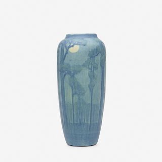 Sadie Irvine for Newcomb College Pottery, vase with tall pines and full moon