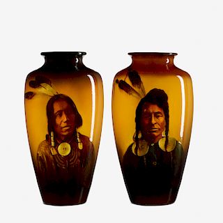 Matthew Daly for Rookwood Pottery, Standard Glaze Native American portrait vases, set of two