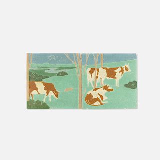 Grueby Faience Company, two rare tiles depicting cows in a landscape
