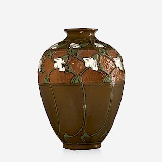 Frederick Hurten Rhead for Roseville Pottery, Della Robbia vase with white flowers