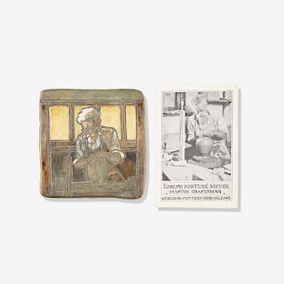 Leona Nicholson for Newcomb College Pottery, rare tile and postcard depicting Joseph Fortune Meyer