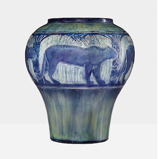 Sabina E. Wells for Newcomb College Pottery, large vase with female lions under palm trees
