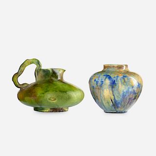 Theophilus A. Brouwer for Middle Lane Pottery, flame-painted vase and pitcher