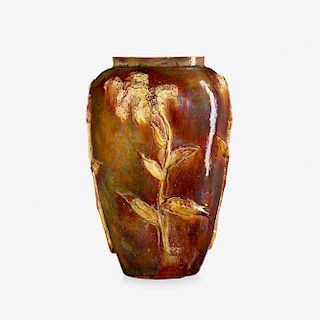 Theophilus A. Brouwer for Middle Lane Pottery, large flame-painted lamp base with modeled flora