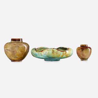 Theophilus A. Brouwer for Middle Lane Pottery, flame-painted vessels, set of three